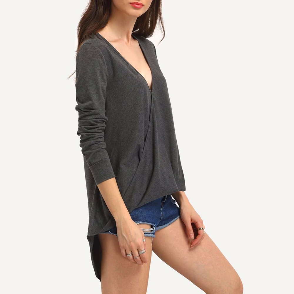 Surplice Faux Wrap High Low French Tuck Top Grey - Picture 5 of 8